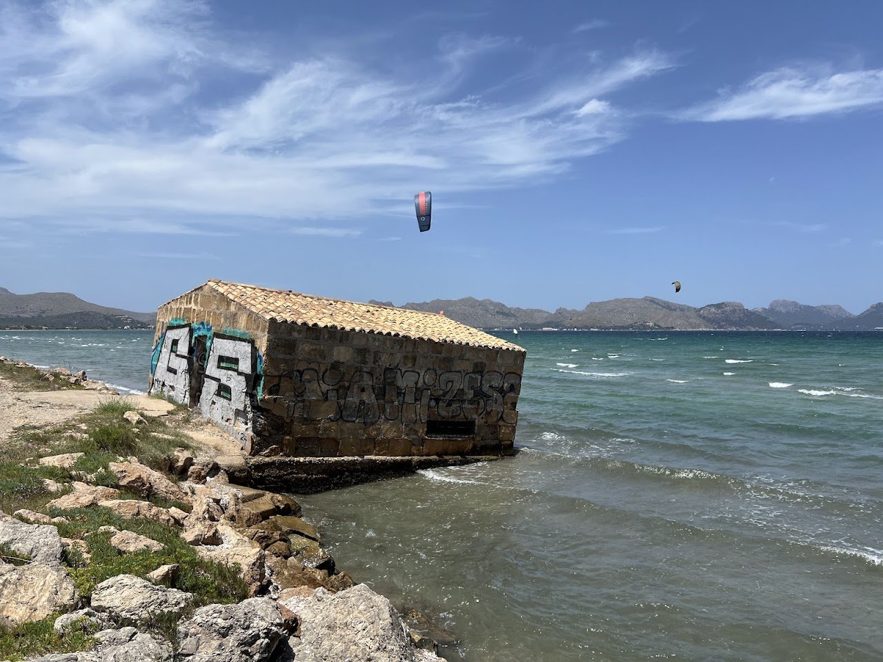 Mallorca coastline with a kite surfer, Spain